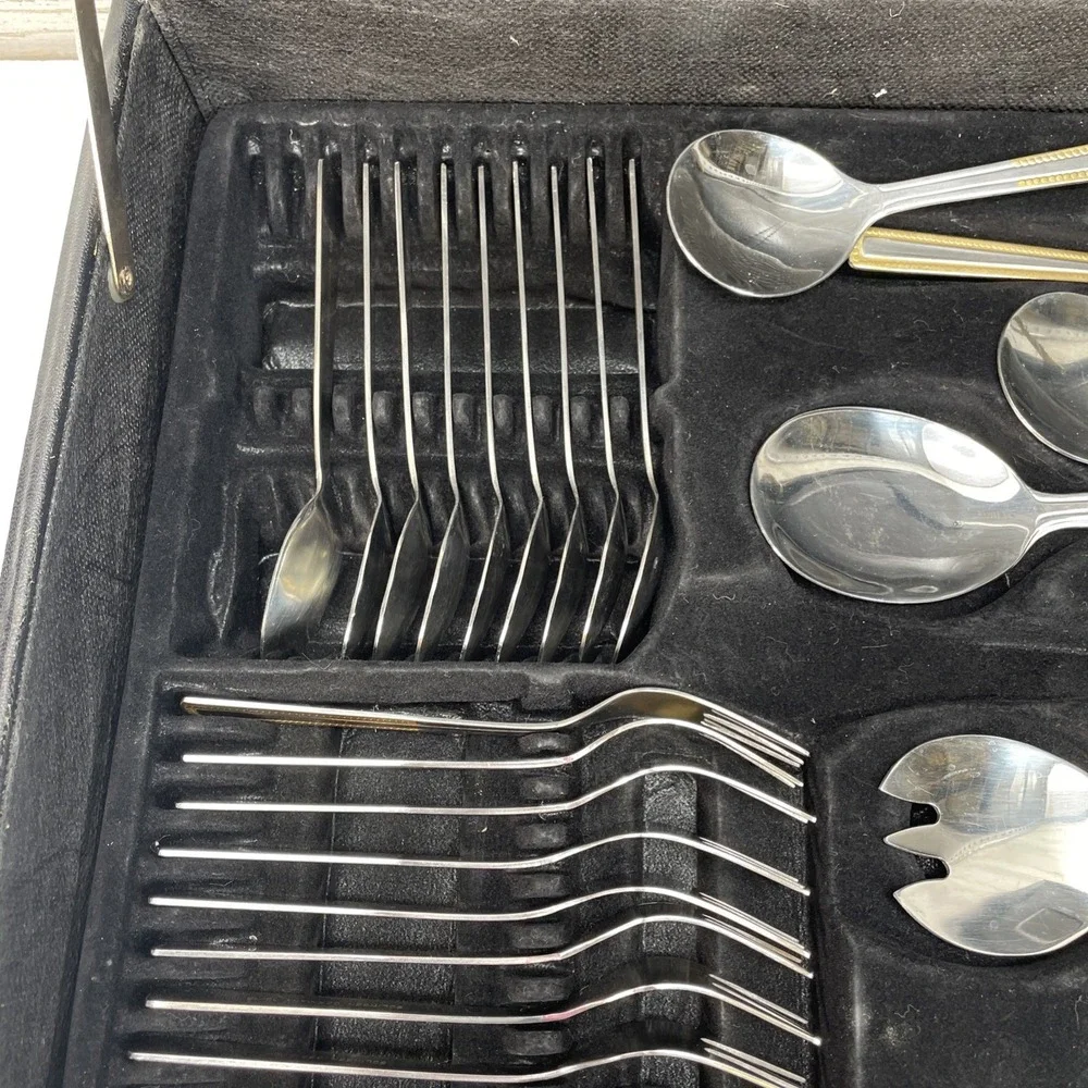 Solingen Germany 18/10 Stainless Gold Trim Flatware 66 Piece‎ Set with Case